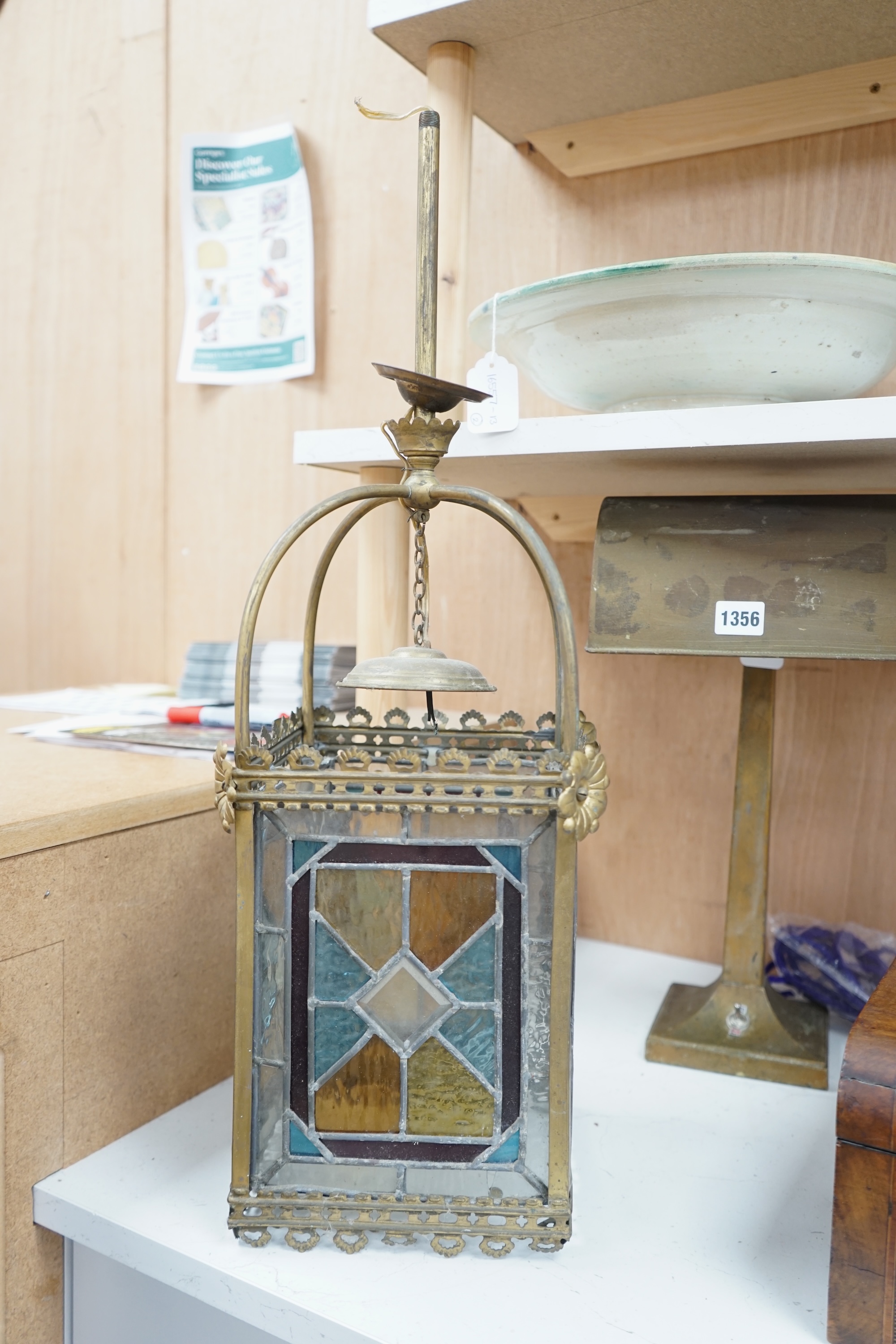 A Victorian coloured leaded glass and brass hall lantern, 65cm high. Condition - fair.